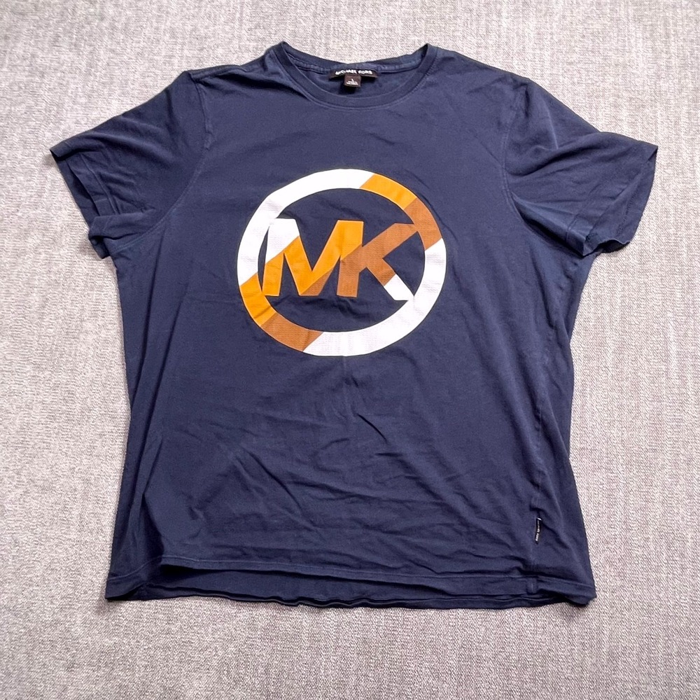 Michael Kors T-Shirt Mens Large Navy Blue Spellout Logo Short Sleeve Pullover